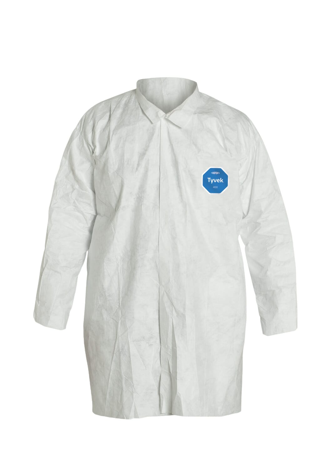 DuPont TY210SWH SafeSPEC Disposable Frock With Laydown Collar, DuPont SafeSPEC Disposable Frock With Laydown Collar, White, Tyvek 400 Fabric, Front Snap Closure, ASTM D1777, ASTM D3776, ASTM D774, ASTM D5733, ASTM D5034, ASTM D257, 16 CFR 1610 Class 1, AATCC 127