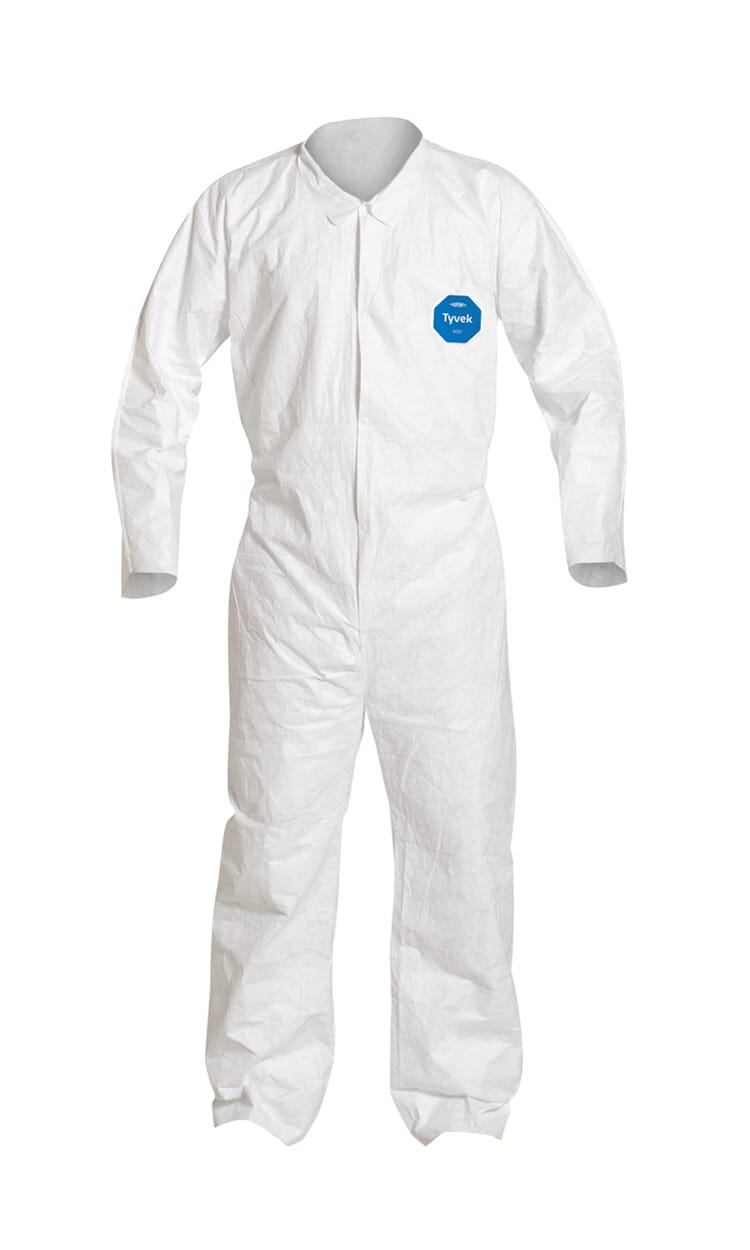 DuPont TY151SWH Laydown Collar Disposable Coverall With Open Wrist and Ankle, DuPont Laydown Collar Disposable Coverall With Open Wrist and Ankle, White, 5.9 mil Tyvek 400