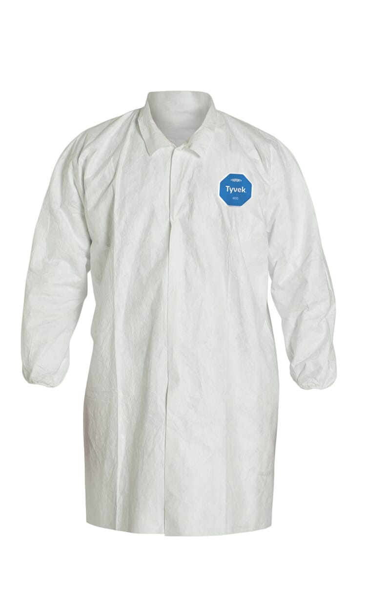 DuPont SafeSPEC Standard Disposable Frock With Laydown Collar, White, Tyvek 400 Fabric, Front Snap Closure, ASTM D1777, ASTM D3776, ASTM D774, ASTM D5733, ASTM D5034, ASTM D257, 16 CFR 1610 Class 1, AATCC 127