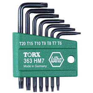 7 Piece - T6; T7; T8; T9; T10; T15; T20 - Black Finish - Torx L-Key Short Arm Set & Holder