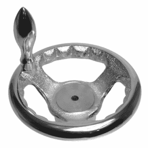 70980, 4" spoked cast iron hand wheel with 3/8" bore with chrome steel revolving handle
