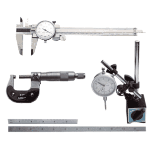Kit Contains: 6" Dial Caliper; 0-1" Outside Micrometer; Mag Base With Fine Adjustment; 1" Travel Indicator; 6" 4R Scale And 12" 4R Scale - 6 Piece Machinist Set Up & Inspection Kit