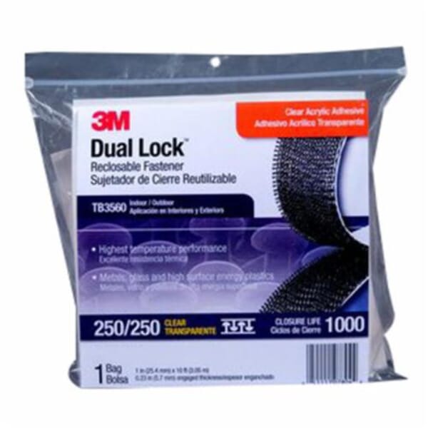 Dual Lock 7000148410 Mushroom Shaped Fastener Tape, 10 ft L x 1 in W, 0.23 in THK Engaged, Acrylic Adhesive, Clear