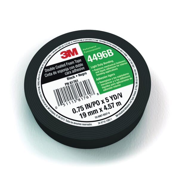 3M 7010376193 Foam Tape, 5 yd L x 3/4 in W, 62 mil THK, Acrylic Adhesive, Polyethylene Foam Backing, Black