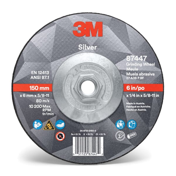 3M 7010410646 Type 27 Grinding Wheel, 6 in Dia Wheel x 1/4 in THK Wheel, 36 Grit, Ceramic Grain Abrasive
