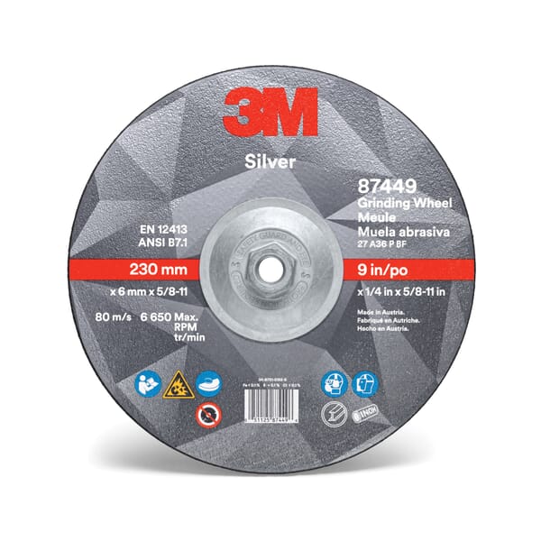 3M 7010409732 Type 27 Grinding Wheel, 9 in Dia Wheel x 1/4 in THK Wheel, 36 Grit, Ceramic Grain Abrasive
