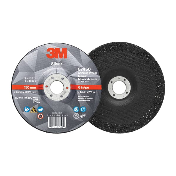 3M 7010414997 Silver Type 27 Grinding Wheel, 6 in Dia Wheel x 1/4 in THK Wheel, 7/8 in Center Hole, 36 Grit, Ceramic Grain Abrasive
