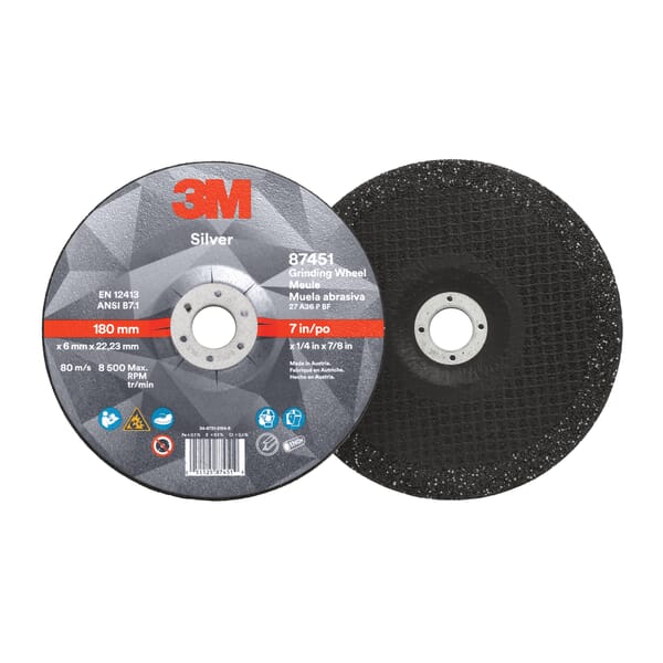 3M 7010412151 Silver Type 27 Grinding Wheel, 7 in Dia Wheel x 1/4 in THK Wheel, 7/8 in Center Hole, 36 Grit, Ceramic Grain Abrasive