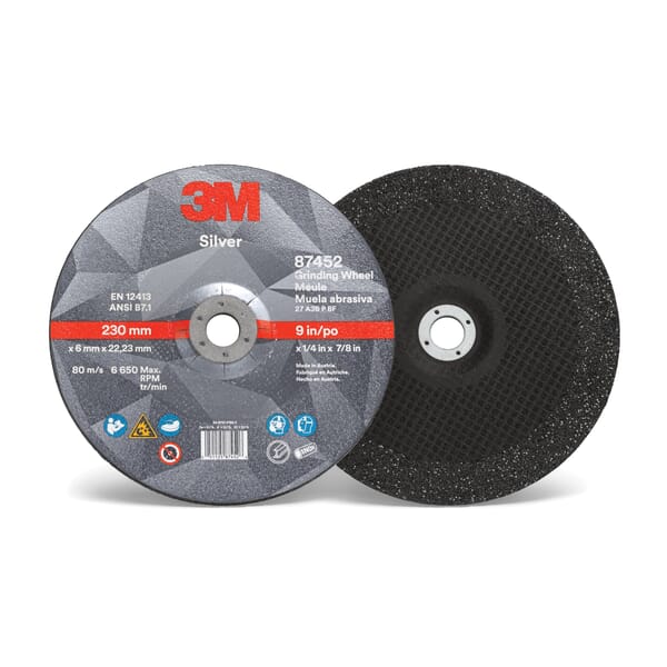 3M 7010410647 Silver Type 27 Grinding Wheel, 9 in Dia Wheel x 1/4 in THK Wheel, 7/8 in Center Hole, 36 Grit, Ceramic Grain Abrasive