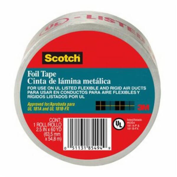Scotch 7010303724 Tape, 60 yd L x 2-1/2 in W, Acrylic Adhesive, Silver