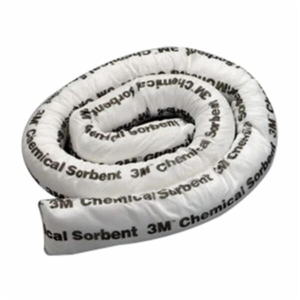 3M 7000001920 Chemical Sorbent Mini-Boom, 3 in Dia x 8 ft L, 2 gal Absorption, Synthetic Fiber/Polypropylene/Polyester, White