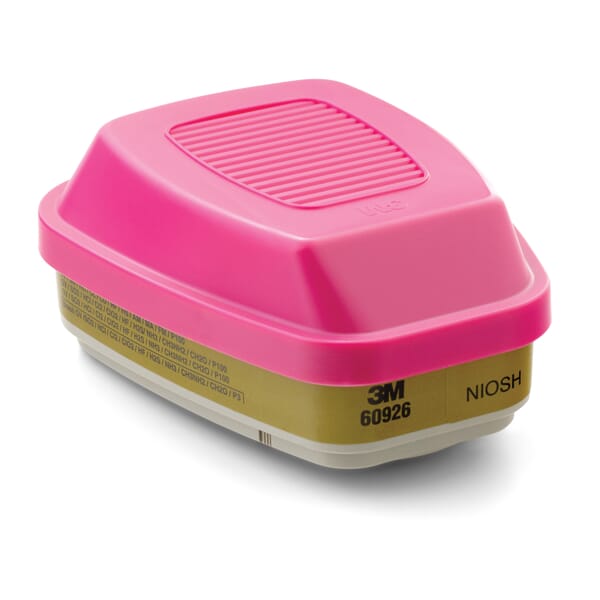 3M 051138-54187 Combination Cartridge, For Use With 3M 6000, 7000, FF-400 Series Half and Full Facepiece Respirators with Bayonet Filter Holder, P100 Filter Class, 0.9997 Filter Efficiency, Bayonet Connection, Magenta/Olive