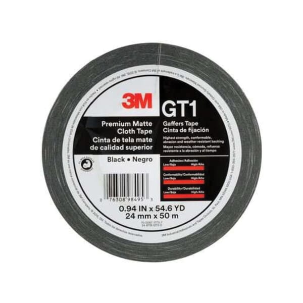 3M 7010312513 High Strength Gaffer Tape, 50 m L x 24 mm W, 11 mil THK, Cloth, Synthetic Rubber Adhesive, Cotton Backing, Black