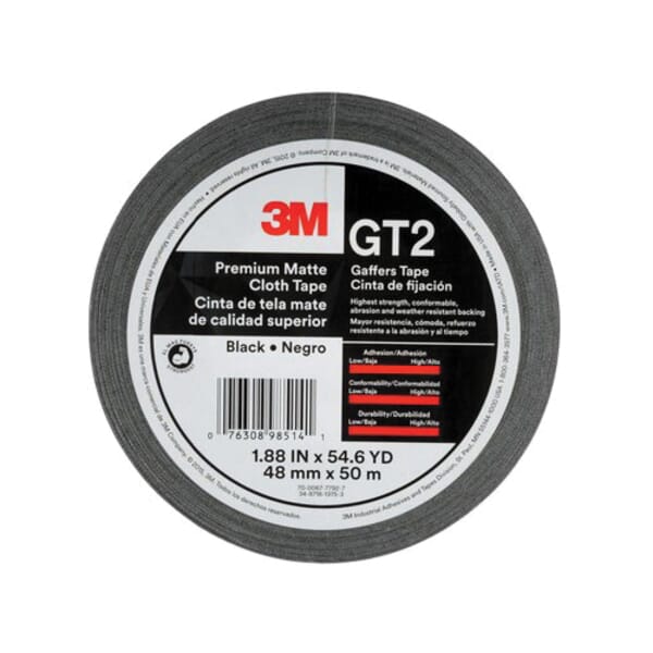 3M 7010336132 High Strength Gaffer Tape, 50 m L x 48 mm W, 11 mil THK, Cloth, Synthetic Rubber Adhesive, Cotton Backing, Black