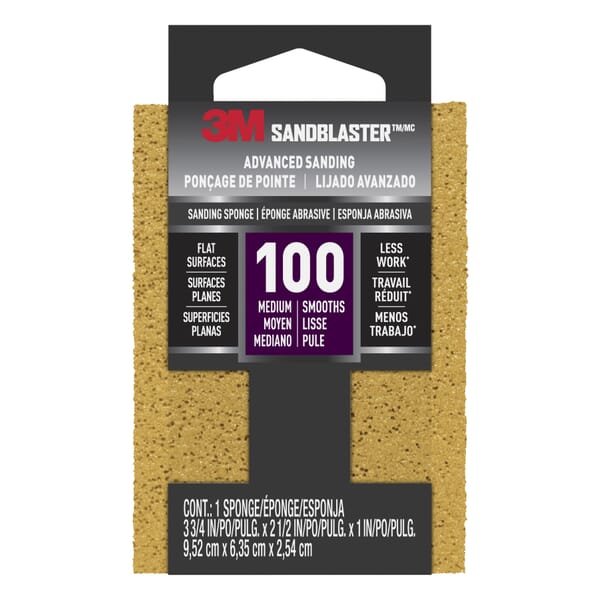3M 7000047820 Sponge, 3.75 in L 2.5 in W 1 in THK, 100 Grit, Medium Grade