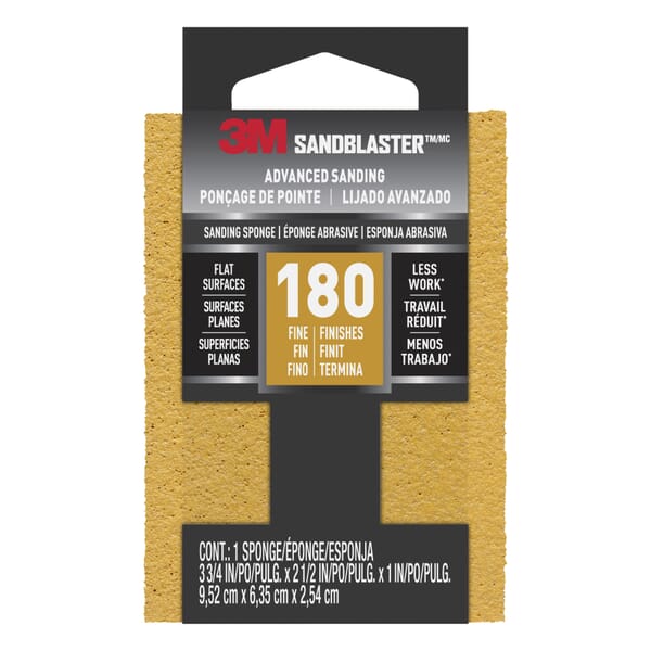 3M 7000047851 Sanding Sponge, 3.75 in L 2.5 in W 1 in THK, 180 Grit, Fine Grade