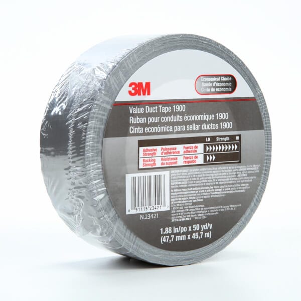 3M 7000049202 1900 Thin Tape, 50 yd L 1.88 in W, 5.8 mil THK, Synthetic Rubber Adhesive, Polyethylene/Cloth Scrim Backing, Silver