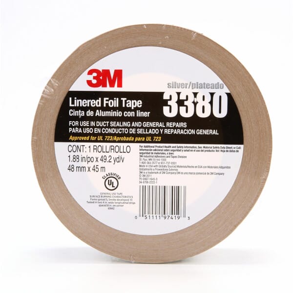 3M 7000049613 3380 Cold Weather Foil Tape, 49.21 yd L 1.88 in W, 3.3 mil THK, Acrylic Adhesive, Aluminum Foil Backing, Silver