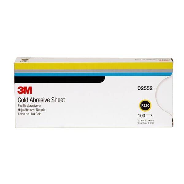 3M 7000118225 Clip-On Abrasive Sheet, 9 in L x 3-2/3 in W, P220 Grit, Coarse Grade, Aluminum Oxide Abrasive, Paper Backing
