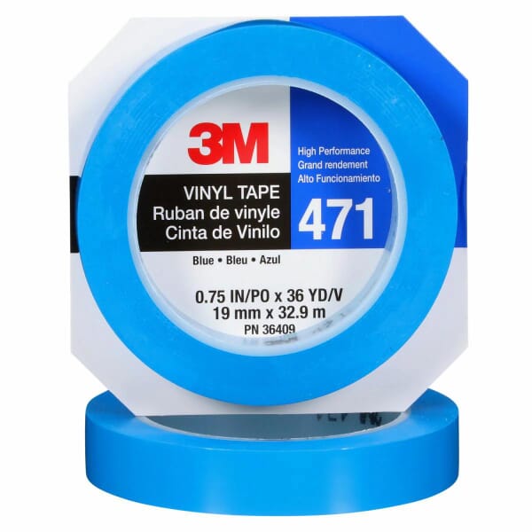 3M 7000124804 471 Tape, 36 yd L 0.75 in W, 5.3 mil THK, Rubber Adhesive, Vinyl Backing, Blue