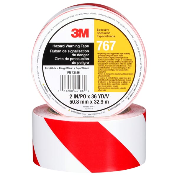 3M 7000148378 Single Sided Tape, 36 yd L x 2 in W, Red/White, Rubber Adhesive/Vinyl Backing