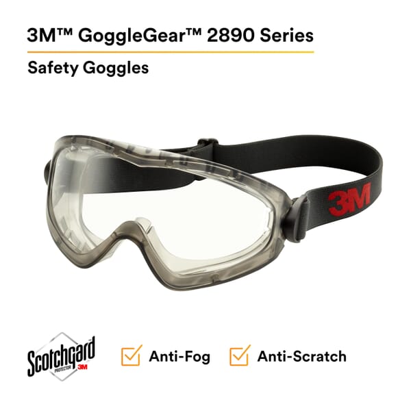 3M 7010302104 2890 Non-Vented Sealed Safety Goggles, Anti-Fog/Anti-Scratch Clear, Yes % UV Protection, Elastic Strap, ANSI Z87.1-2015