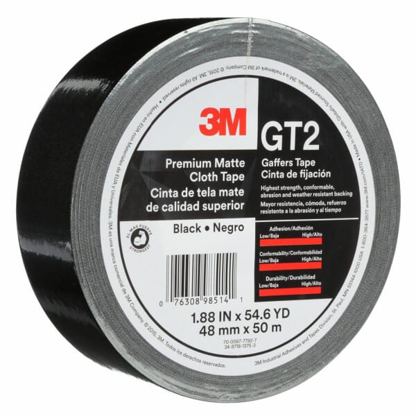 3M 7010336132 GT2 Tape, 54.68 yd L 1.88 in W, 11 mil THK, Synthetic Rubber Adhesive, Cotton Cloth Backing, Black