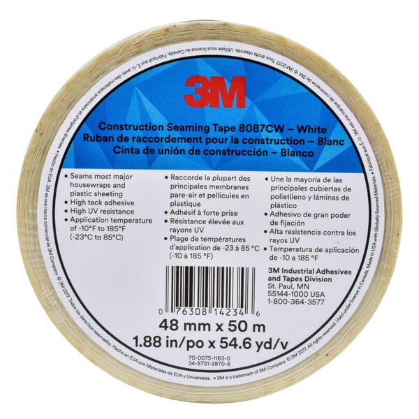 3M 7010379550 8087CW Construction Tape, 55 yd L 1.89 in W, 3 mil THK, Acrylic Adhesive, Biaxially Oriented Polypropylene Backing, White