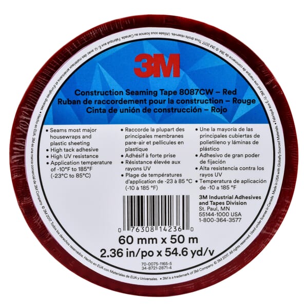 3M 7010379551 8087CW Construction Tape, 71.95 yd L 2.36 in W, 3 mil THK, Acrylic Adhesive, BOPP Backing, Red