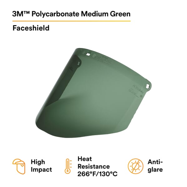 3M 7010384061 82601-00000 Medium Green Faceshield Visor, Green, Polycarbonate, 9 in H 0.08 in THK Visor, For Use With 3M Hard Hat and Headgear Systems, Resists: Scratches/Fogging, ANSI Z87.1