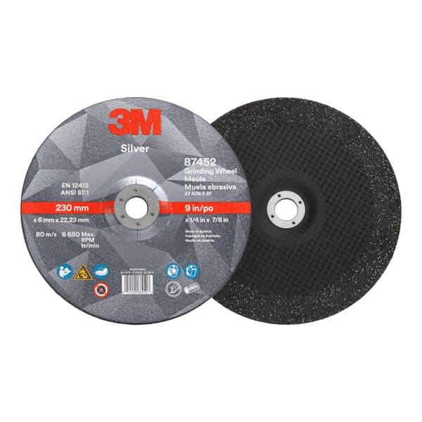 3M 7010410647 Silver Type 27 Grinding Wheel, 9 in Dia Wheel x 1/4 in THK Wheel, 7/8 in Center Hole, 36 Grit, Ceramic Grain Abrasive