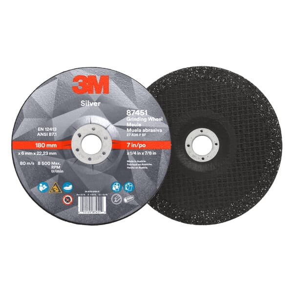 3M 7010412151 Silver Type 27 Grinding Wheel, 7 in Dia Wheel x 1/4 in THK Wheel, 7/8 in Center Hole, 36 Grit, Ceramic Grain Abrasive