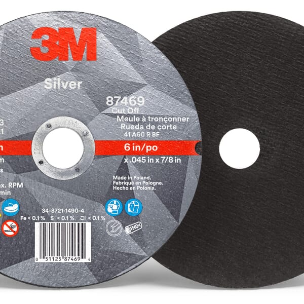 3M 7010412152 Silver Abrasive Cut-Off Wheel, 6 in Dia Wheel x 0.045 in THK Wheel, 7/8 in Center Hole, 60 Grit, Ceramic Abrasive