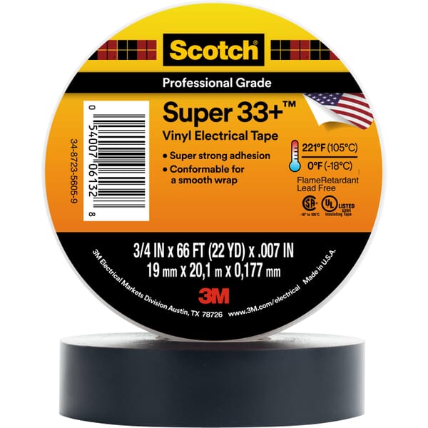 3M 7100002398 Premium Grade Tape, 66 ft L x 3/4 in W, 7 mil THK, PVC, Rubber Adhesive, Black