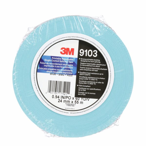 3M 7100027365 9103 Single Coated Tape, 60 yd L 0.95 in W, 4.5 mil THK, Blue