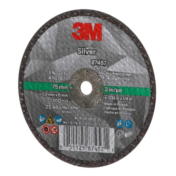 3M 7100138406 87457 Wheel, 3 in Dia 0.035 in THK, 0.25 in Center Hole, 60+ Grit, Precision Shaped Ceramic Abrasive