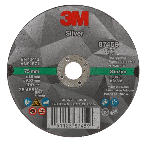 3M 7100139210 Type 1 Abrasive Cut-Off Wheel, 3 in Dia Wheel x 0.06 in THK Wheel, Ceramic Abrasive