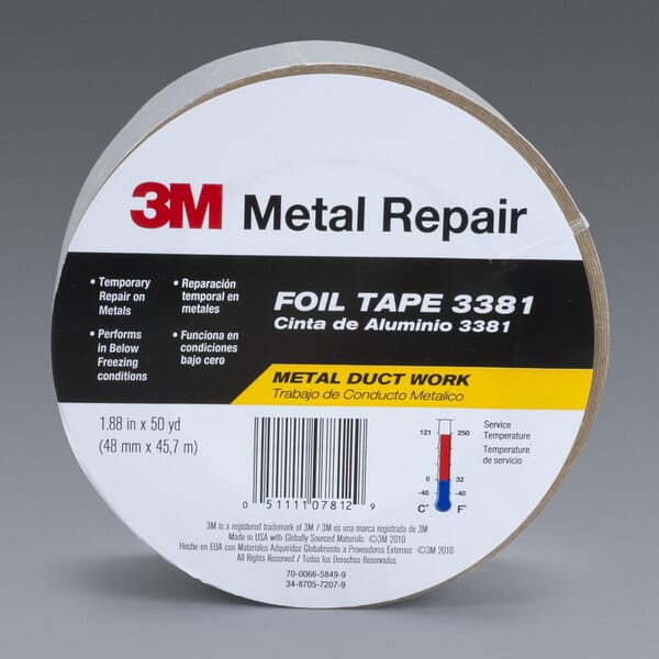 3M 7100141702 3381 Cold Weather Foil Tape, 50 yd L 1.88 in W, 2.7 mil THK, Acrylic Adhesive, Aluminum Foil Backing, Silver