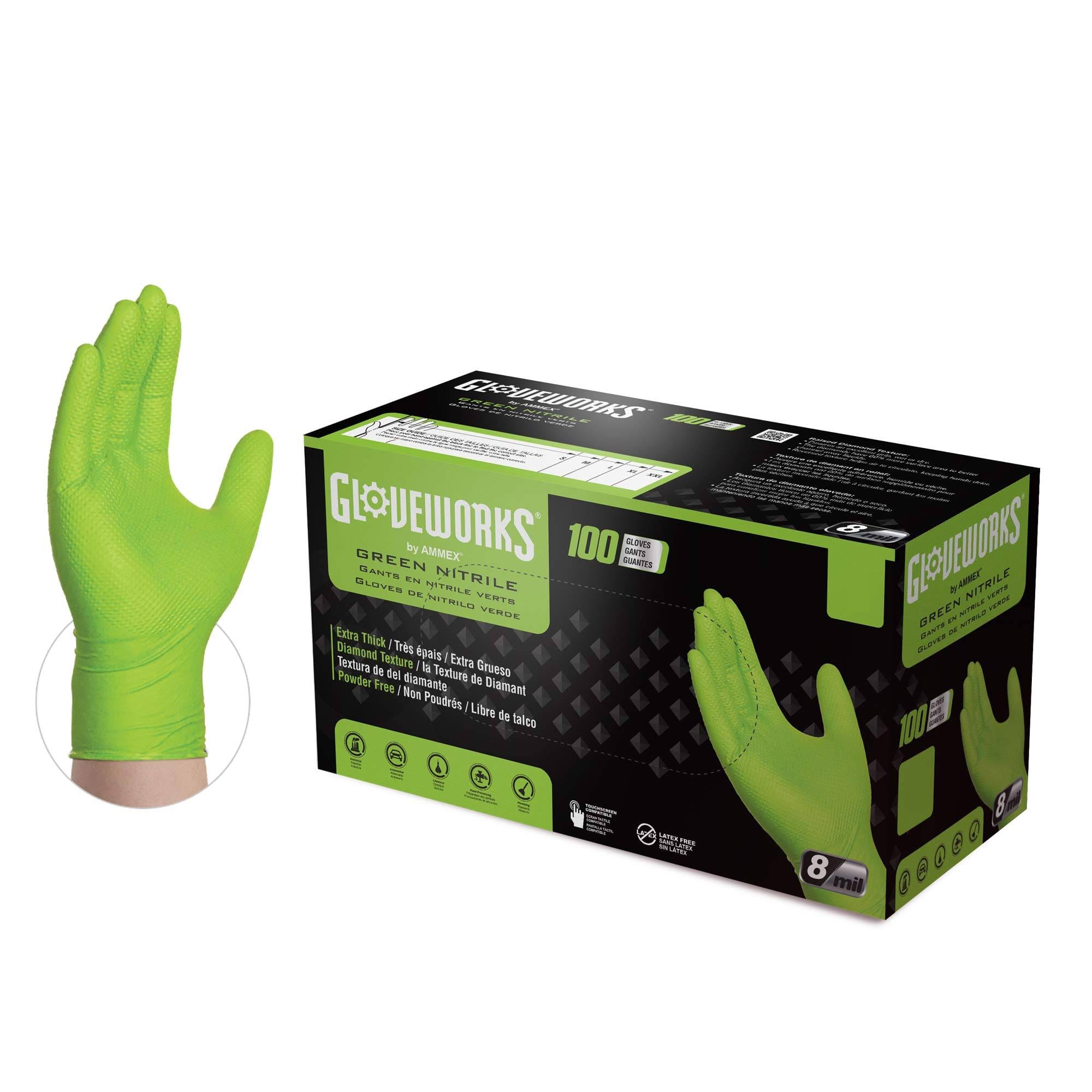 Gloveworks Industrial Green Nitrile Gloves – 8 Mil, Raised Diamond Texture (RDT), Latex-Free, L Size, Multipurpose for Automotive/Janitorial/Food Handling