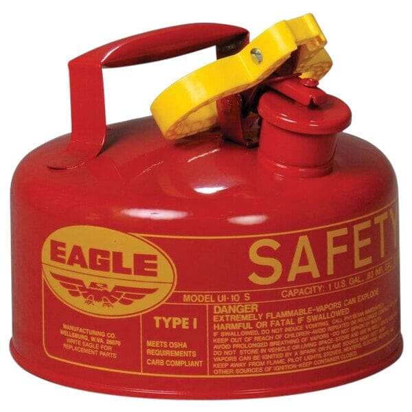 Eagle Manufacturing UI10S Type I Safety Can – 1 Gal Red Galvanized Steel, 8" Dia x 9" H, OSHA/NFPA/CARB Compliant, FM/UL/ULC Approved, Flame Arrester, Self-Closing Lid