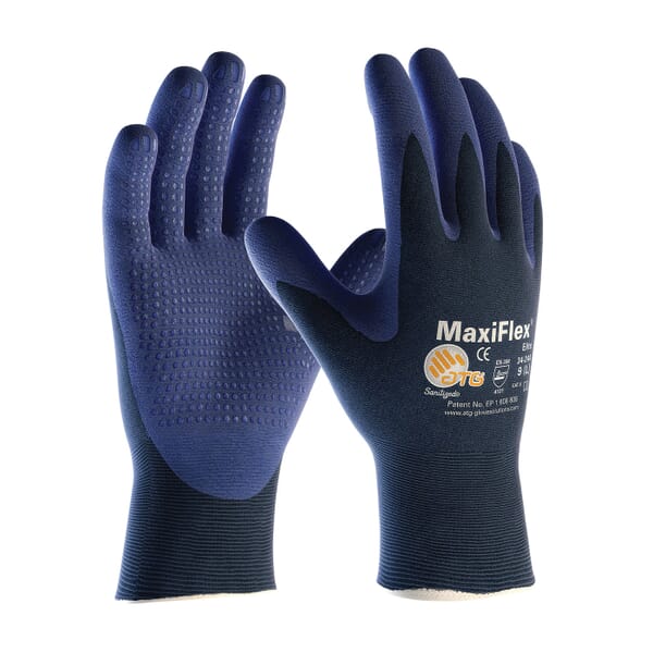 ATG 34-244 MaxiFlex Elite Ultra Lightweight General Purpose Gloves, ATG MaxiFlex Elite Ultra Lightweight General Purpose Gloves, Coated, L, Microfoam Nitrile Palm, Nylon, Blue, Continuous Knit Wrist Cuff, Microfoam Nitrile Coating, Resists: Abrasion, Cut, Puncture and Tear, Nylon Lining, Seamless Knit