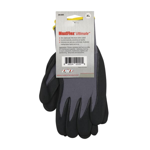 ATG 34-874T MaxiFlex Ultimate General Purpose Gloves, ATG MaxiFlex Ultimate General Purpose Gloves, Coated, Microfoam Nitrile Palm, 15 ga Nylon, Black/Gray, Continuous Knit Wrist Cuff, Microfoam Nitrile Coating, Resists: Abrasion, Cut, Puncture and Tear, Nylon/Lycra Lining, Seamless Knit
