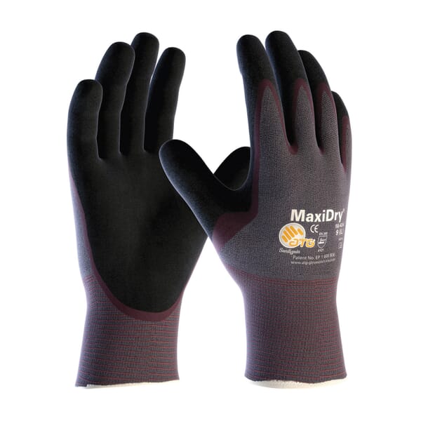 ATG MaxiDry High Performance General Purpose Gloves, Coated, S, Nylon Palm, Nylon, Black/Purple, Continuous Knit Wrist Cuff, Nitrile Coating, Resists: Abrasion, Cut, Puncture and Tear, Nylon Lining, Seamless Knit