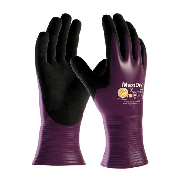 ATG MaxiDry Ultra Lightweight General Purpose Gloves, Coated, Seamless Knit Style, L, Nylon/Lycra Palm, Lycra/Nylon, Black/Purple, Knit Wrist Cuff, Microfoam Nitrile Coating, Resists: Abrasion, Chemical, Oil, Puncture, Tear and Snag