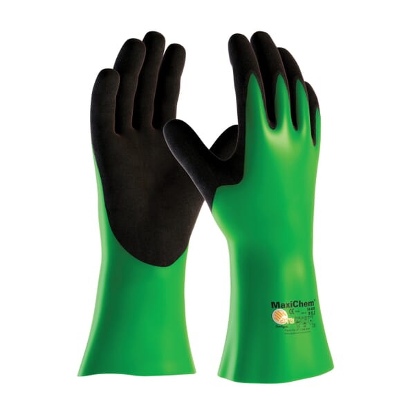 ATG MaxiChem 56-635/XL Chemical-Resistant Gloves, XL, Lycra/Nitrile/Nylon, Black/Green, Elastane/Nylon Lining, 14 in L, Resists: Abrasion, Cut, Tear, Liquid and Puncture, Supported Support, Gauntlet Cuff