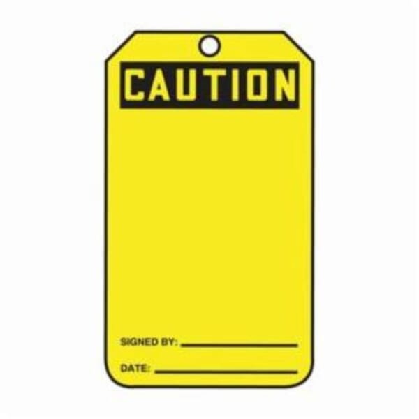 Accuform MGT200CTP Safety Tag, 5-3/4 in H x 3-1/4 in W, Black/Yellow, 3/8 in Hole, Cardstock