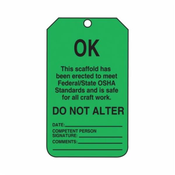 Accuform TSS103CTP Scaffold Status Safety Tag, 5-3/4 in H x 3-1/4 in W, Black/Green, 3/8 in Hole, Cardstock