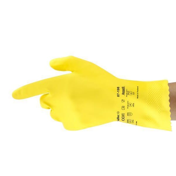 AlphaTec 185749 87-198 FL 100s Chemical Resistant Gloves, 7, Natural Rubber Latex, Lemon Yellow, Flock Lining, 12 in L, Resists: Abrasion, Cut, Chemical, Puncture and Snag, Unsupported Support, Pinked Cuff, 17 mil THK