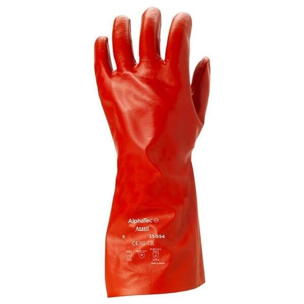 AlphaTec 214306 15-554 Coated Chemical Resistant Gloves, 9, Polyester Vinyl Alcohol, Red, Cotton Lining, 12 in L, Resists: Abrasion, Cut, Chemical, Puncture and Snag, Gauntlet Cuff