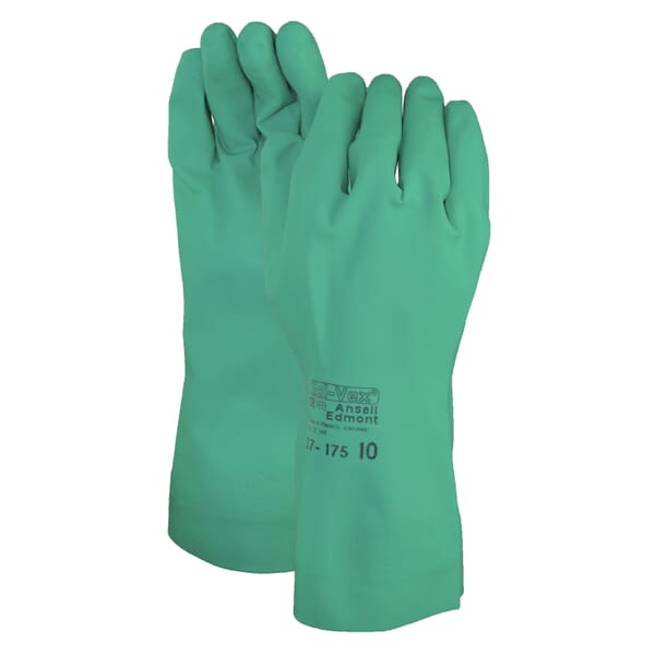 AlphaTec SolVex 37-175-11 37175 Chemical-Resistant Gloves, SZ 11, Nitrile, Green, Flocked Cotton Lining, 13 in L, Resists: Abrasion, Chemical, Cut, Puncture and Snag, Unsupported Support, Gauntlet Cuff, 15 mil THK